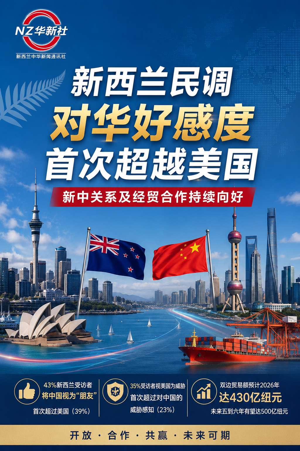 《新西兰民调对华好感度首次超越美国/新中关系及经贸合作持续向好》-华闻时空